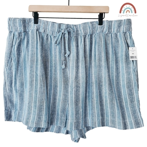 New! Linen Blend Blue Stripes High Waist Pull On Summer Shorts Plus Size 3X - Picture 1 of 7